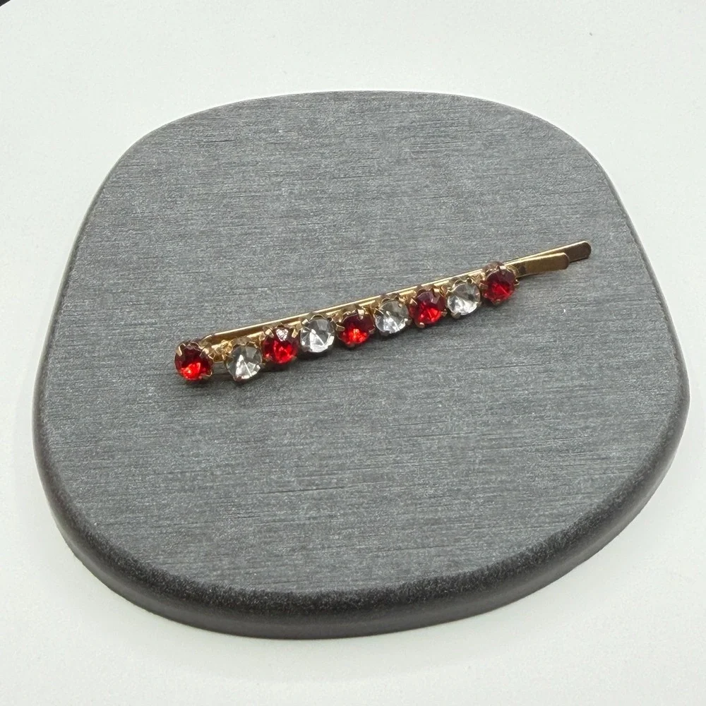 Gold Tone Red Clear Rhinestone Hair Barrette Clip Prong Set Bridal Accessory